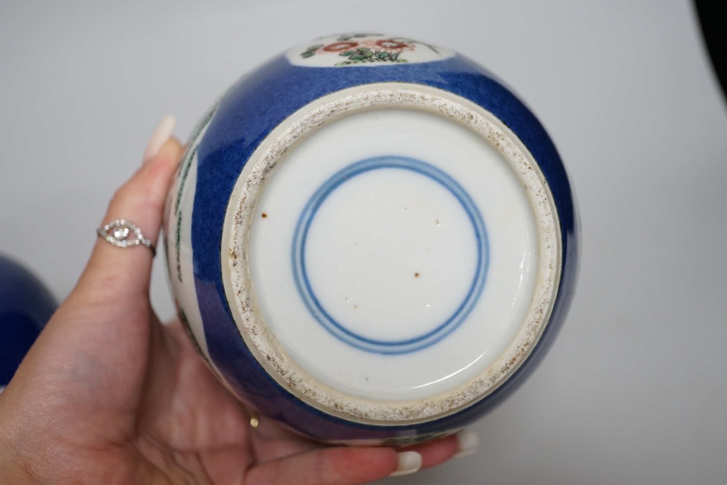 Two Chinese famille verte powder blue jars, early 20th century, 13cm high